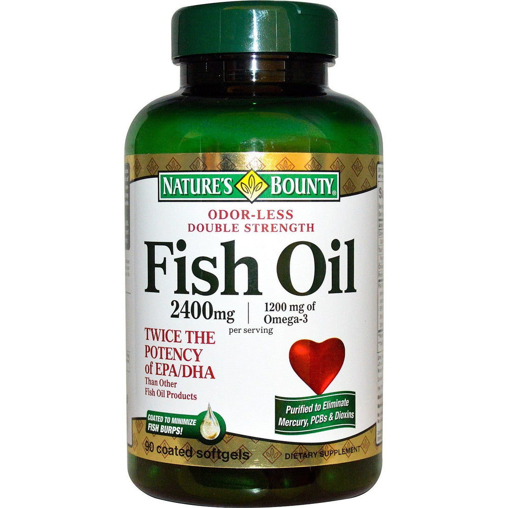 Nature's Bounty fish oil 2400mg odorless softgels bottle; supports heart and joint health.