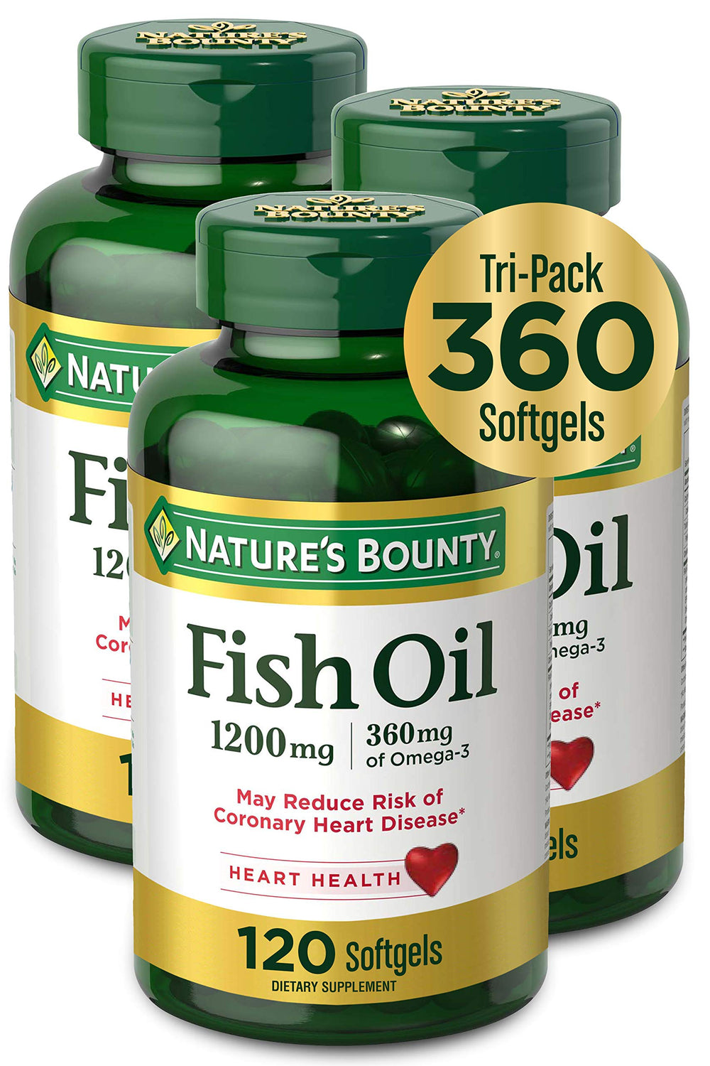 Nature's Bounty Fish Oil bottle shows 1200 mg per serving for daily wellness.