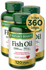 Nature's Bounty Fish Oil bottle shows 1200 mg per serving for daily wellness.