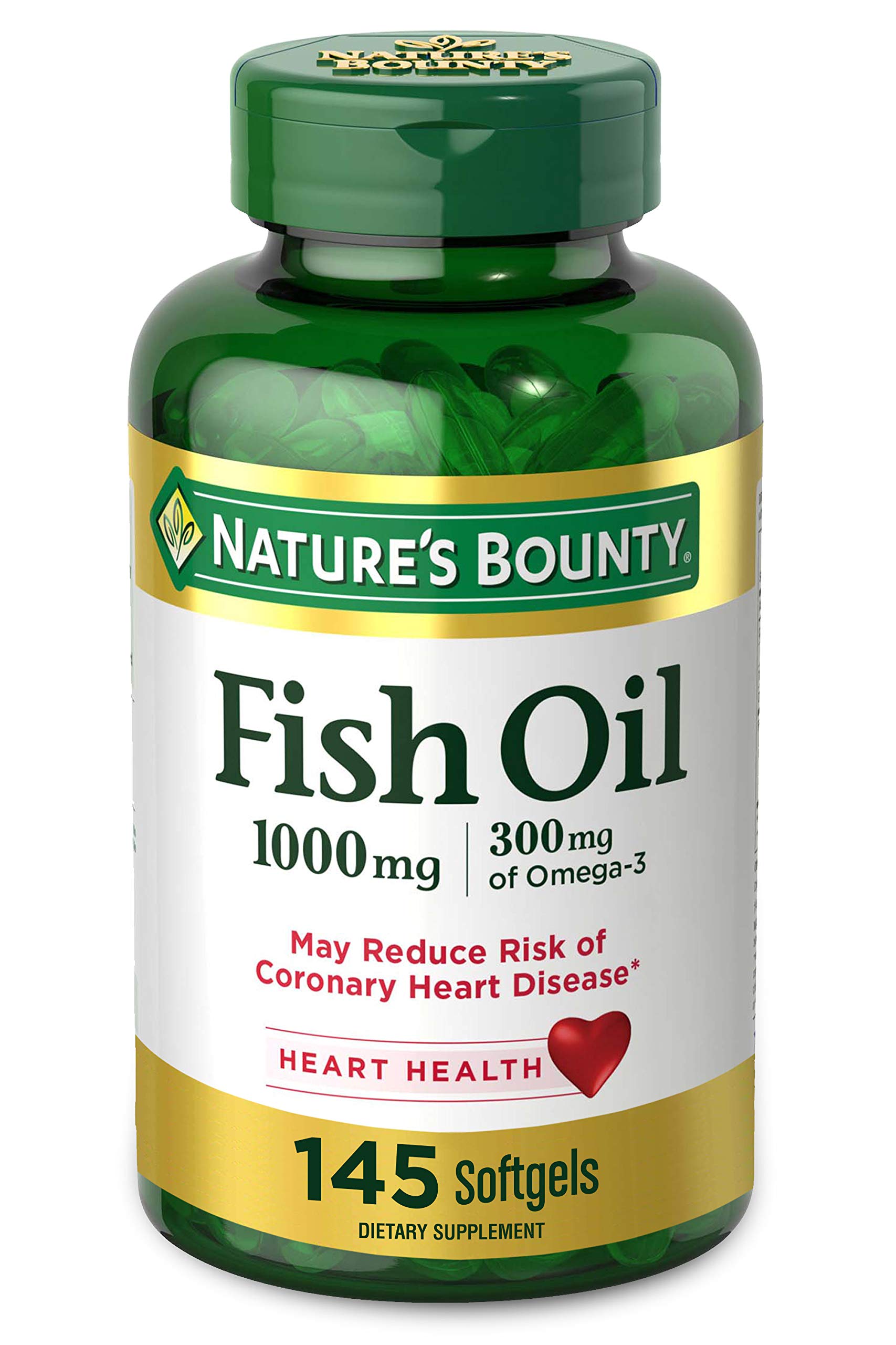 Nature's Bounty Fish Oil softgel bottle, ready for daily heart health support.
