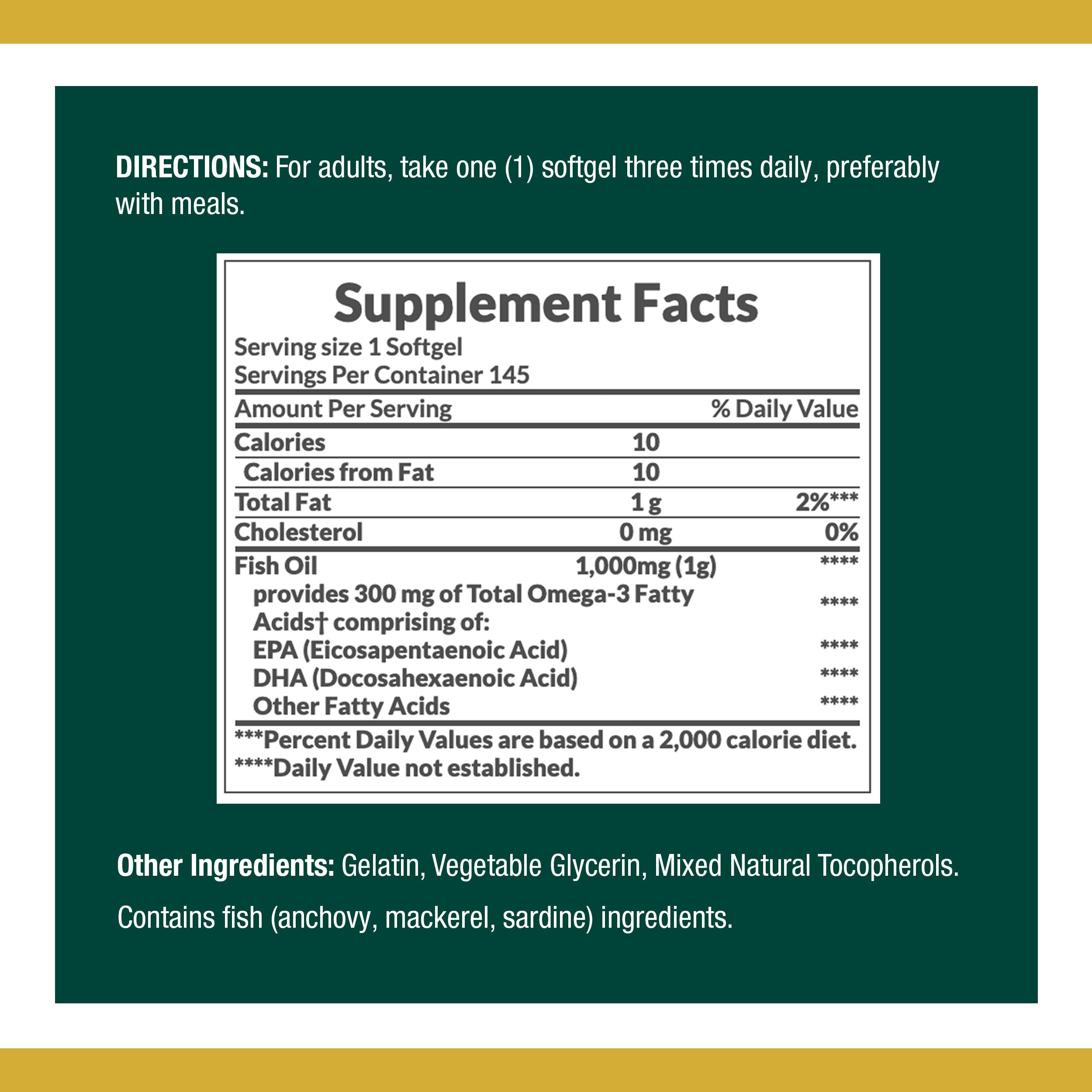 Close-up of Nature's Bounty fish oil softgels highlighting omega-3 content.