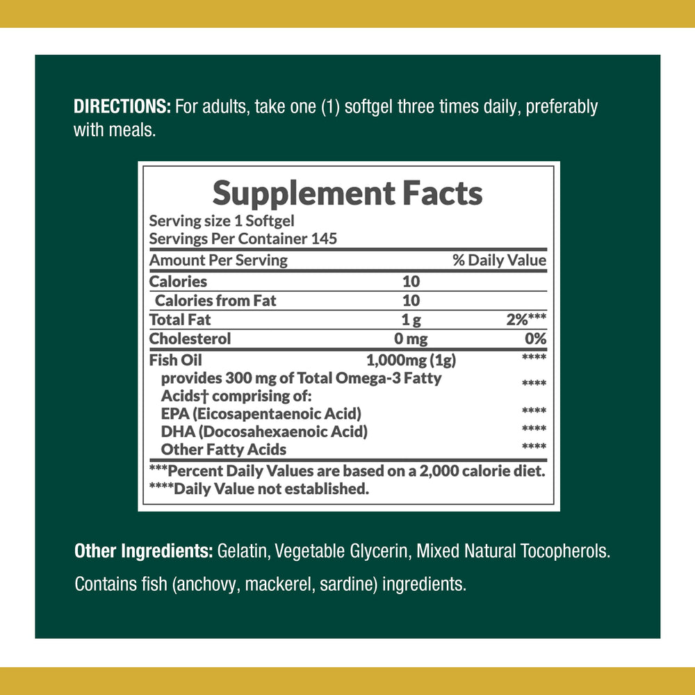 Close-up of Nature's Bounty fish oil softgels highlighting omega-3 content.