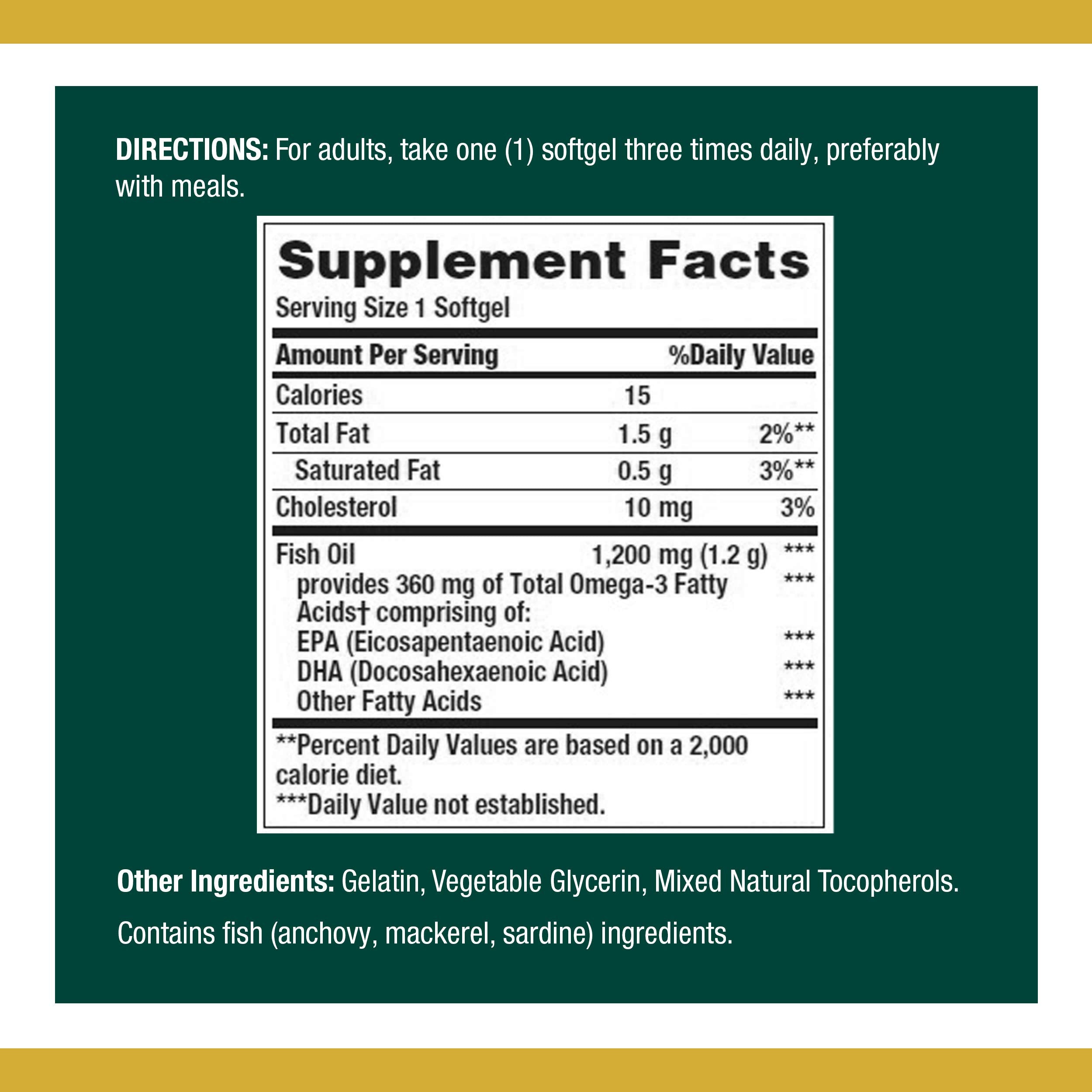 Nature's Bounty Fish Oil softgels close-up highlights purified mercury-free formula.