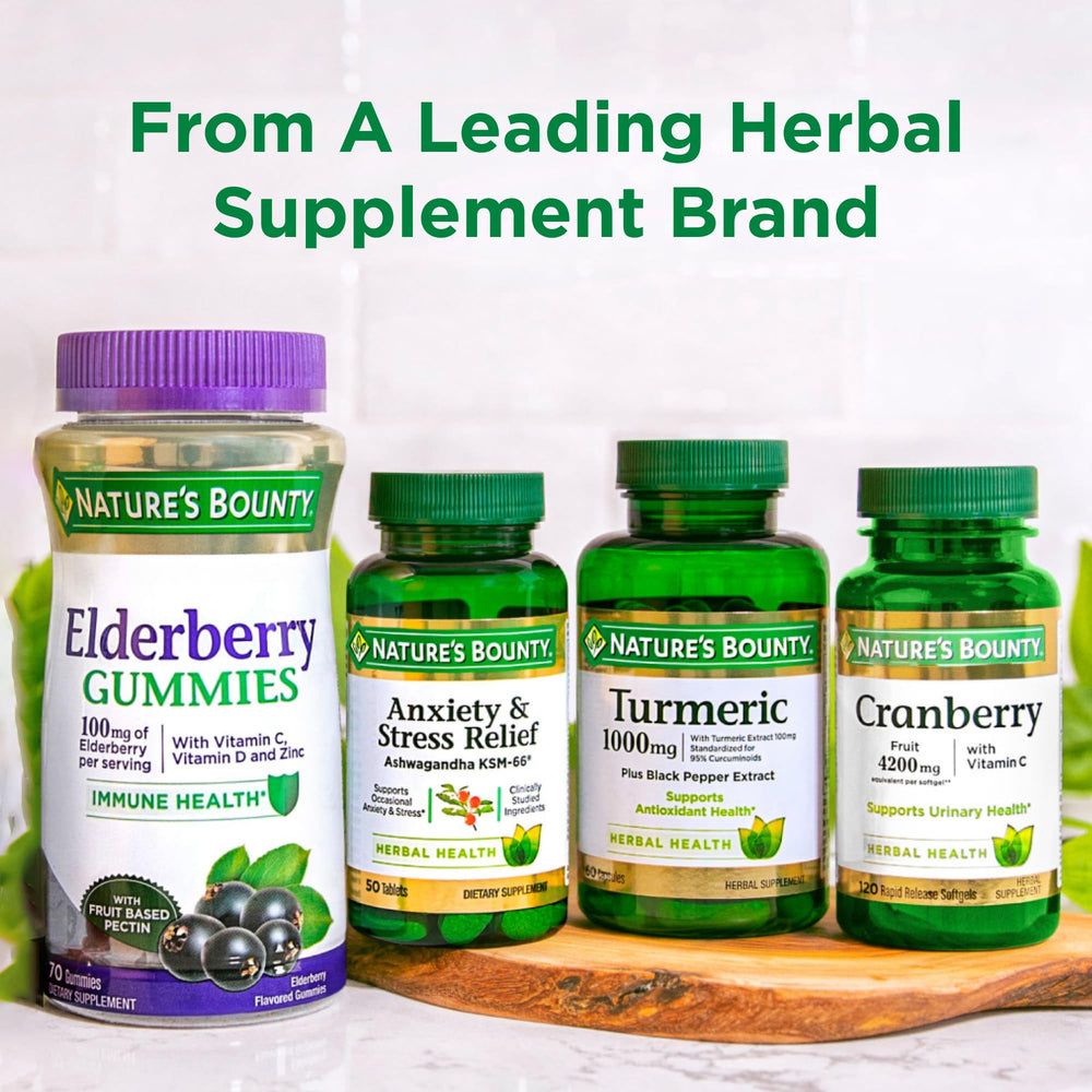 Nature's Bounty flaxseed oil bottle on a kitchen counter for lifestyle-friendly heart health support.