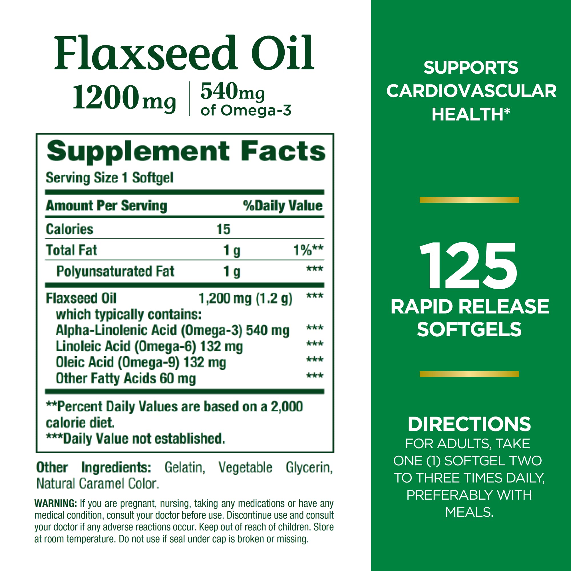 Nature's Bounty flaxseed oil being poured from bottle for easy daily omega-3 intake.