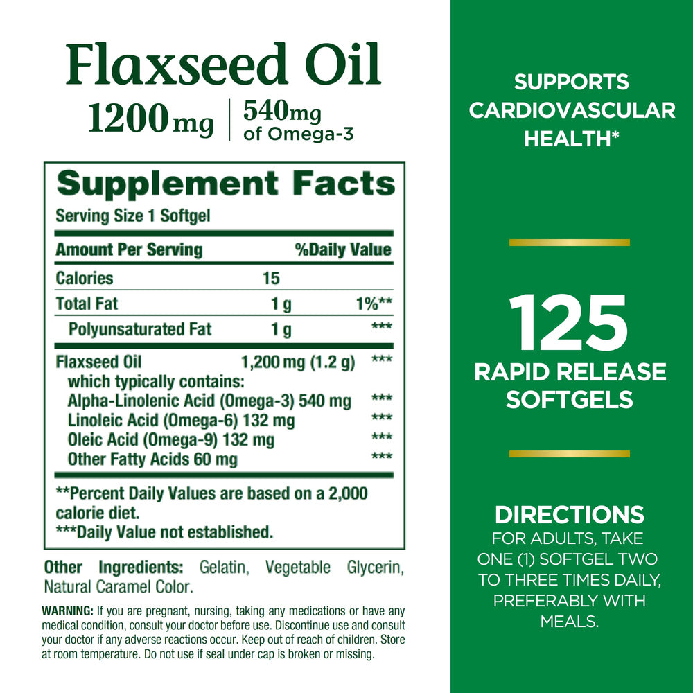 Nature's Bounty flaxseed oil being poured from bottle for easy daily omega-3 intake.
