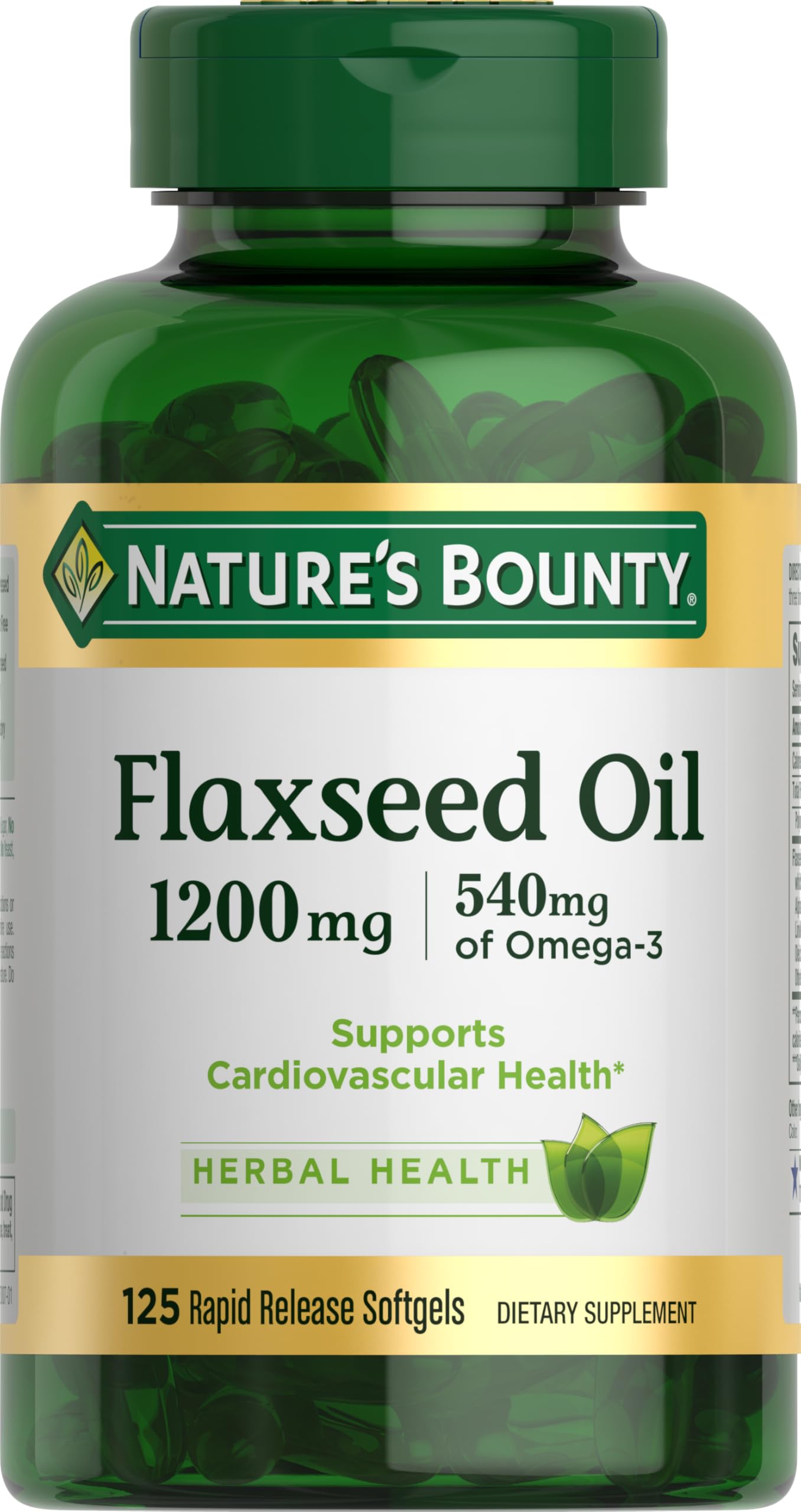 Nature's Bounty flaxseed oil softgels bottle signaling omega-3 support for heart health.