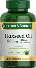 Nature's Bounty flaxseed oil softgels bottle signaling omega-3 support for heart health.