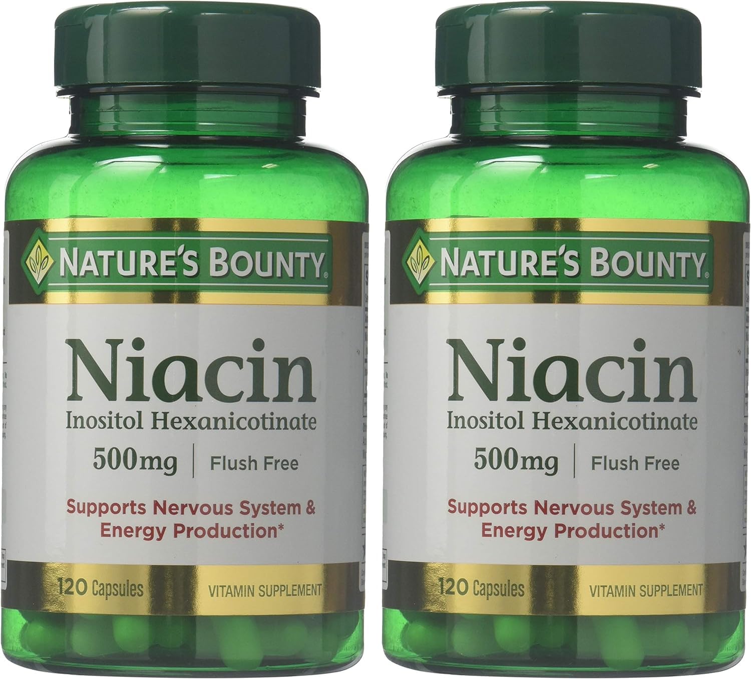 Close-up of Nature's Bounty niacin label showing flush-free formula for daily use.