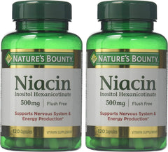 Close-up of Nature's Bounty niacin label showing flush-free formula for daily use.