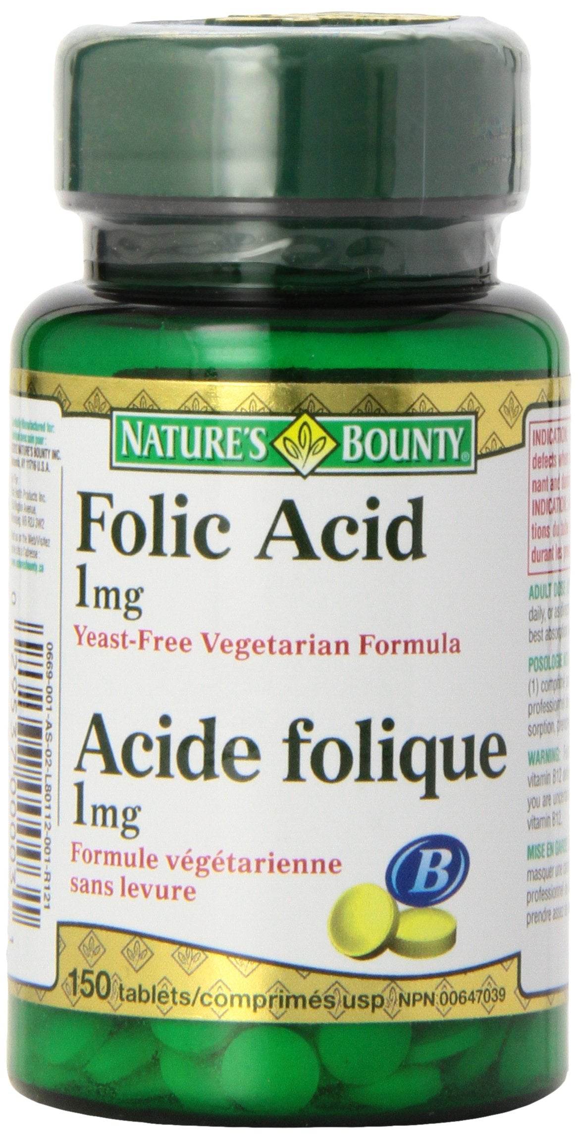 Nature's Bounty folic acid 1 mg 150 tablets packaging varies; supports prenatal nutrition.