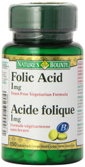 Nature's Bounty folic acid 1 mg 150 tablets packaging varies; supports prenatal nutrition.