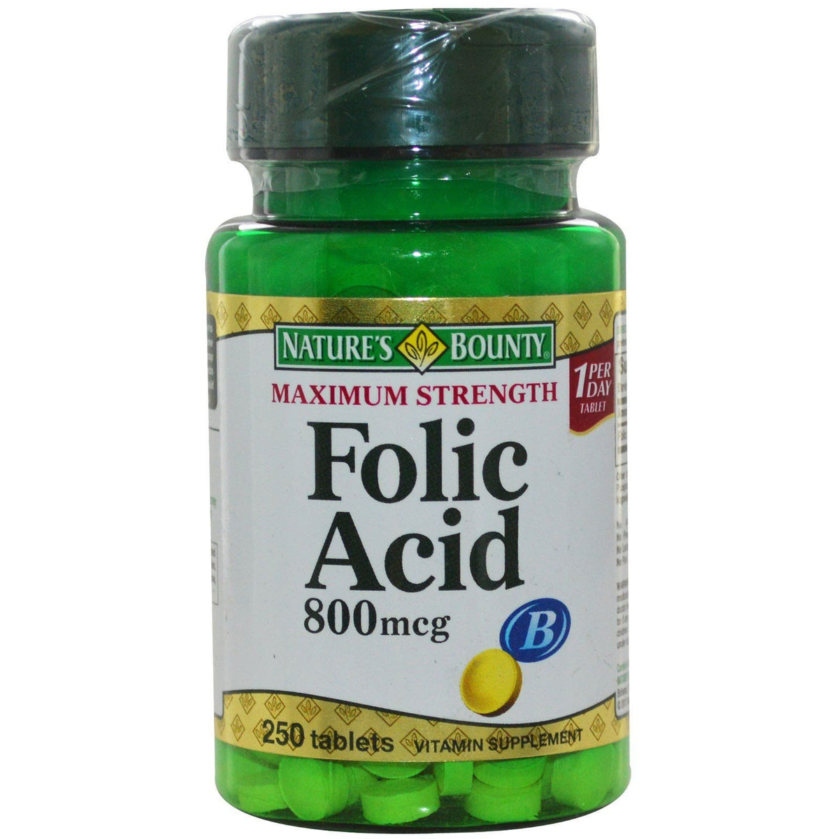 Nature's Bounty folic acid 800 mcg tablets bottle supports heart health and energy metabolism.