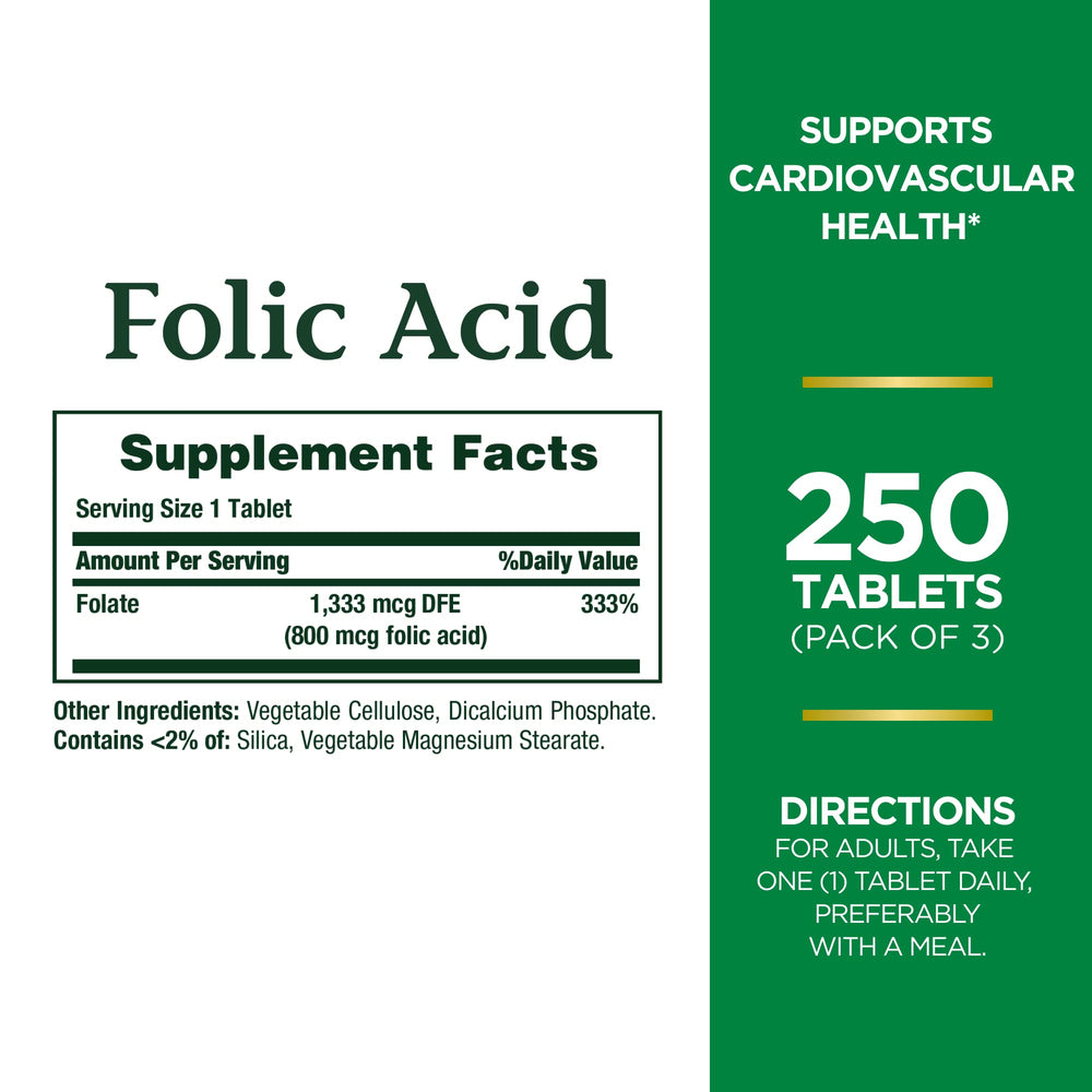 Nature's Bounty folic acid bottle label shows 800 mcg potency for daily use