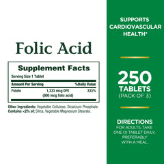 Nature's Bounty folic acid bottle label shows 800 mcg potency for daily use