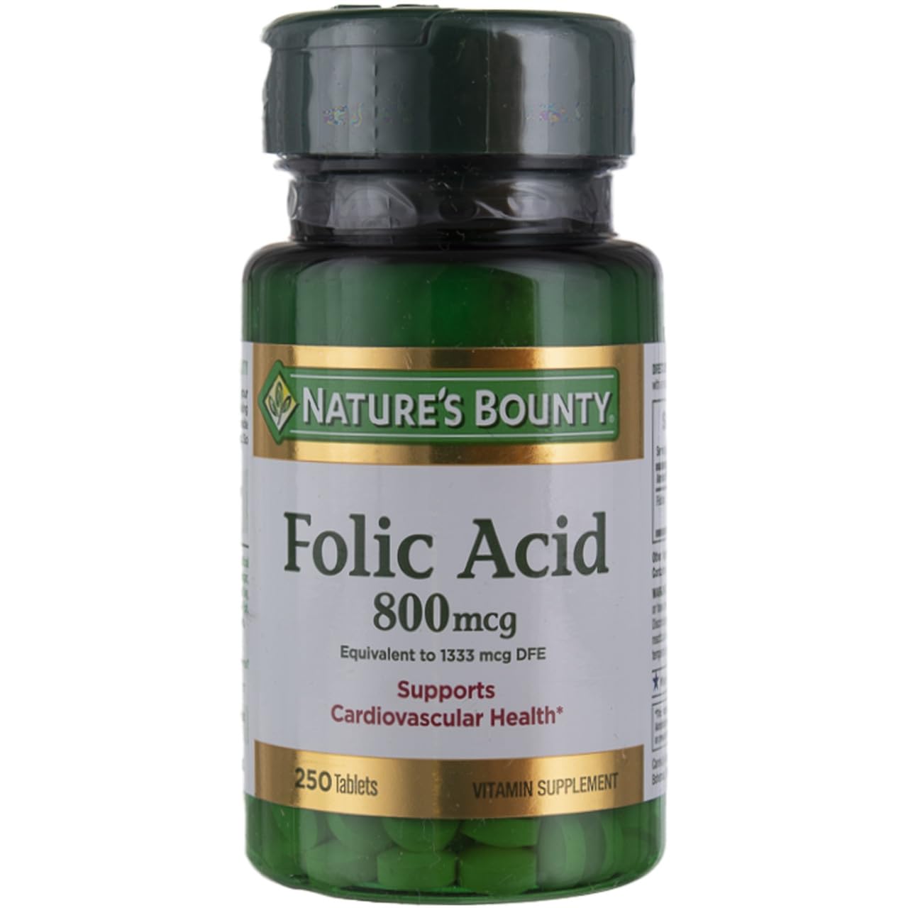 Nature's Bounty folic acid supplement bottle front, great for heart health support.