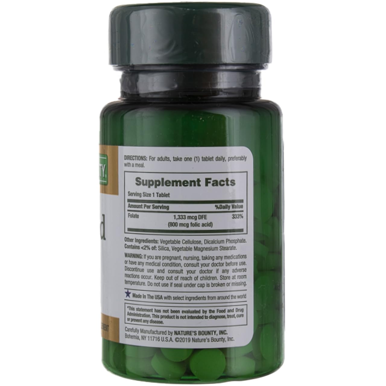 Nature's Bounty folic acid label closeup showing 800mcg potency for daily wellness.