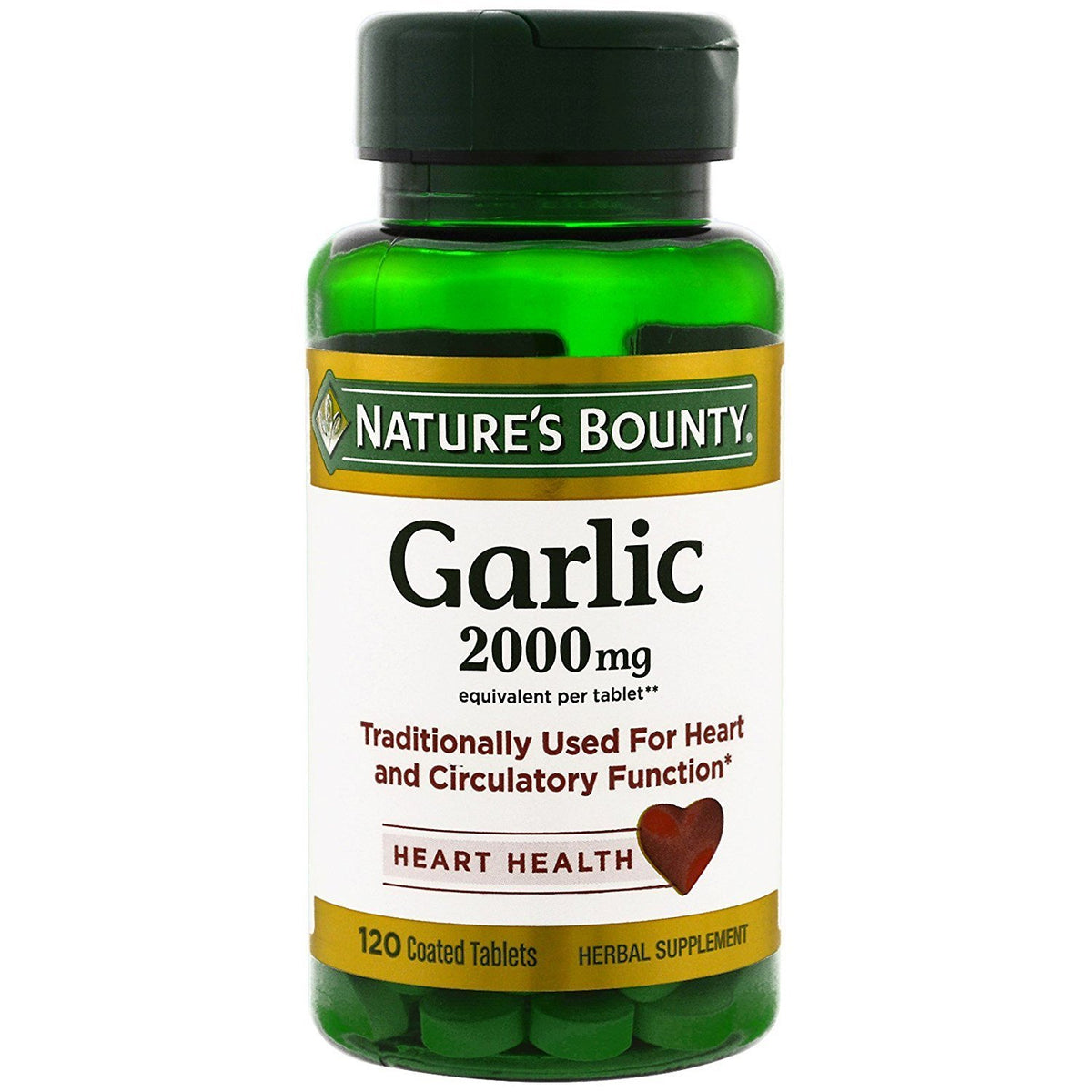 Nature's Bounty garlic 2000mg coated tablets bottle supports heart health and daily herbal use.