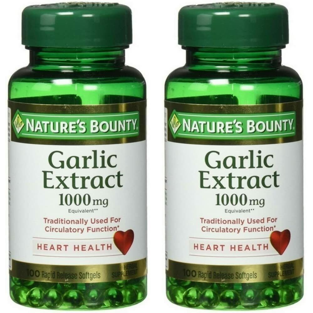 Nature's Bounty garlic extract softgels bottle showing odorless heart‑friendly support possibilities.