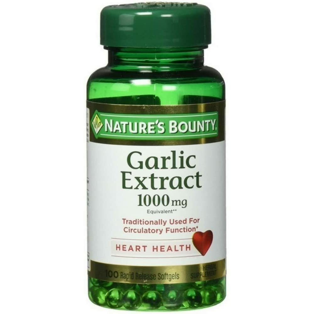 Nature's Bounty garlic extract label close‑up highlighting antioxidant benefits and quality.