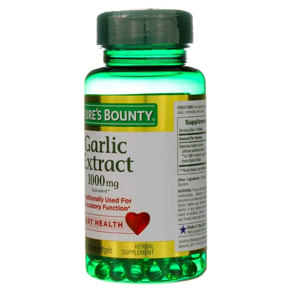 Nature's Bounty garlic extract softgels packaging image emphasizing non‑GMO formula.