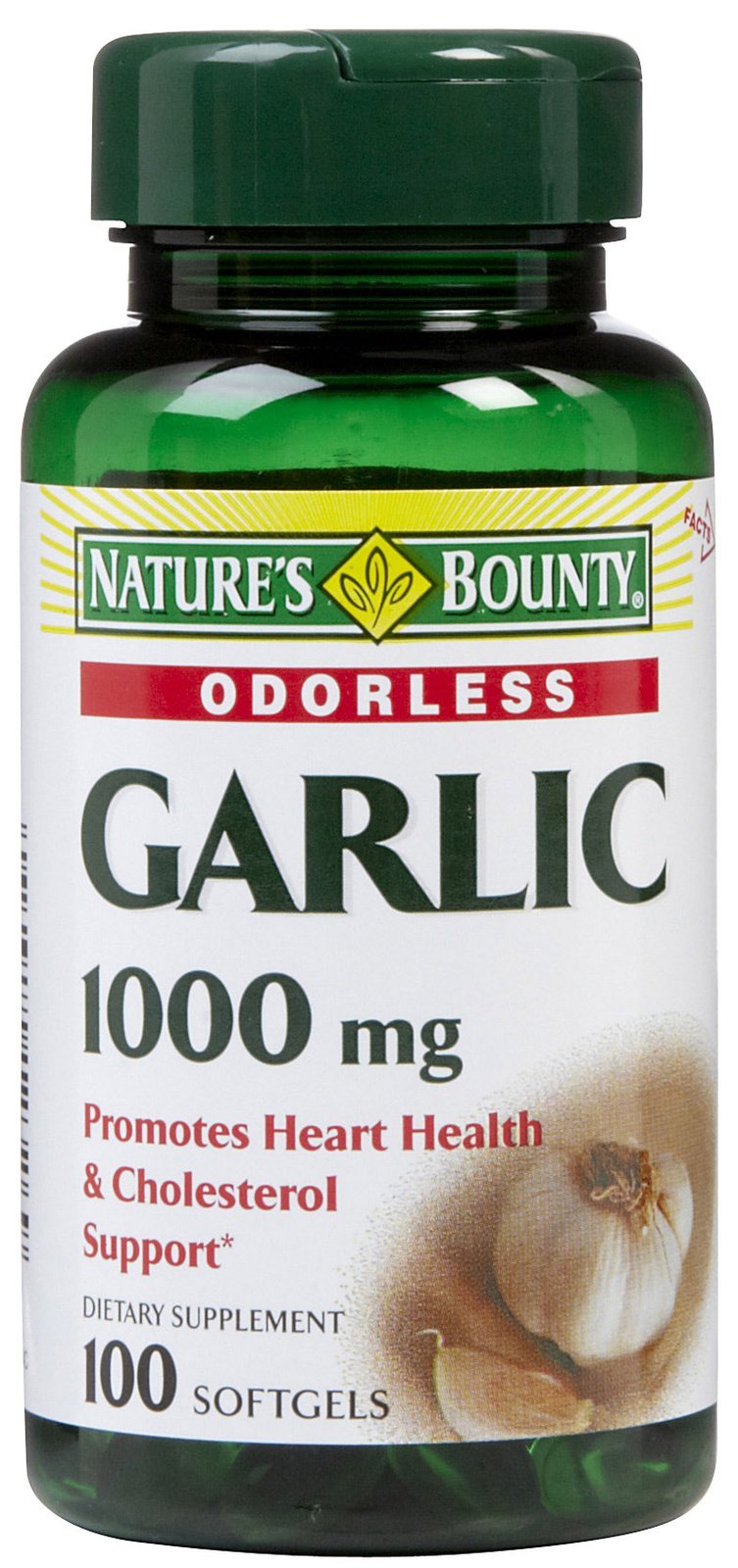 Nature’s Bounty Garlic Extract bottle 1000 mg softgels for circulatory support and odorless convenience.