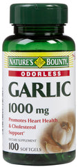 Nature’s Bounty Garlic Extract bottle 1000 mg softgels for circulatory support and odorless convenience.