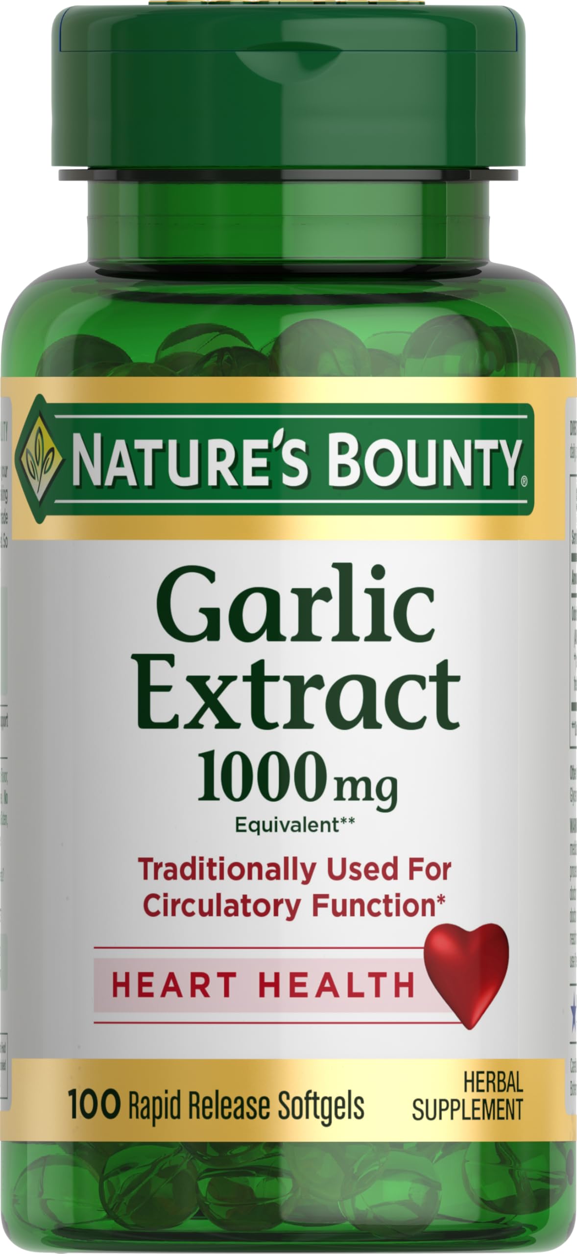 Nature's Bounty garlic extract softgel bottle with odorless formula for easy daily use