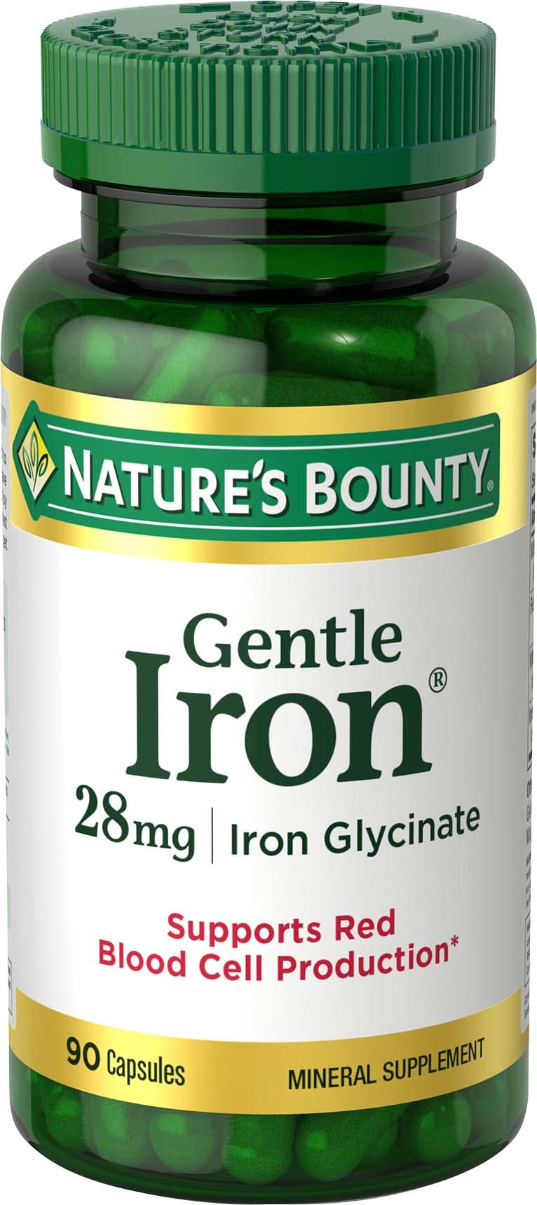 Nature's Bounty Gentle Iron bottle front with three-pack display for steady iron support.