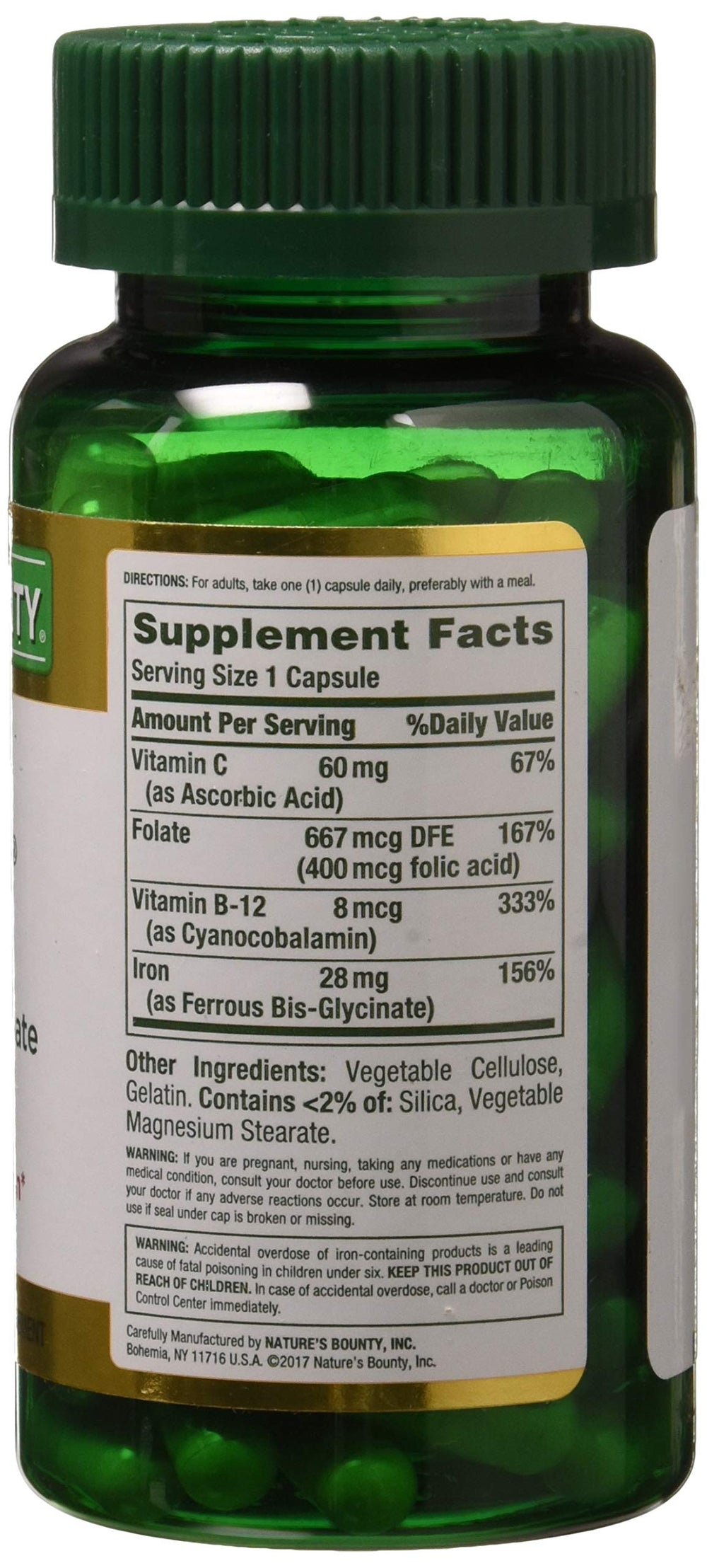 Nature's Bounty Gentle Iron label highlights 28 mg per capsule.