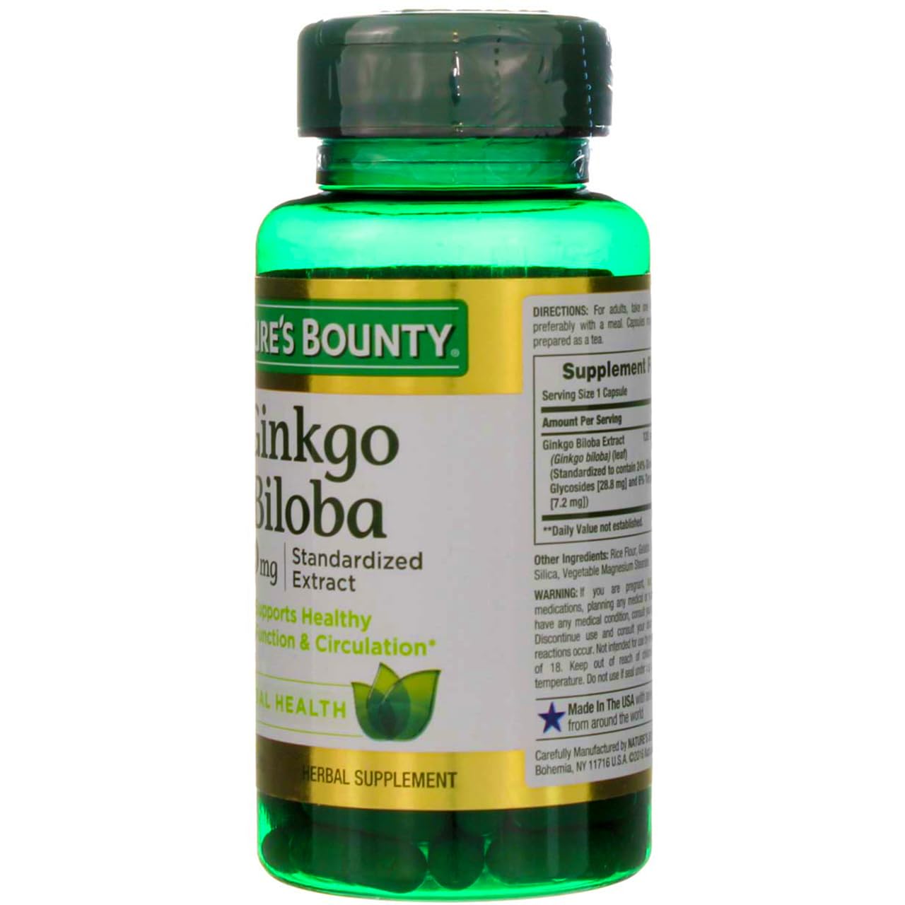 Nature's Bounty Ginkgo Biloba packaging shot showing gluten-free and no artificial flavors.