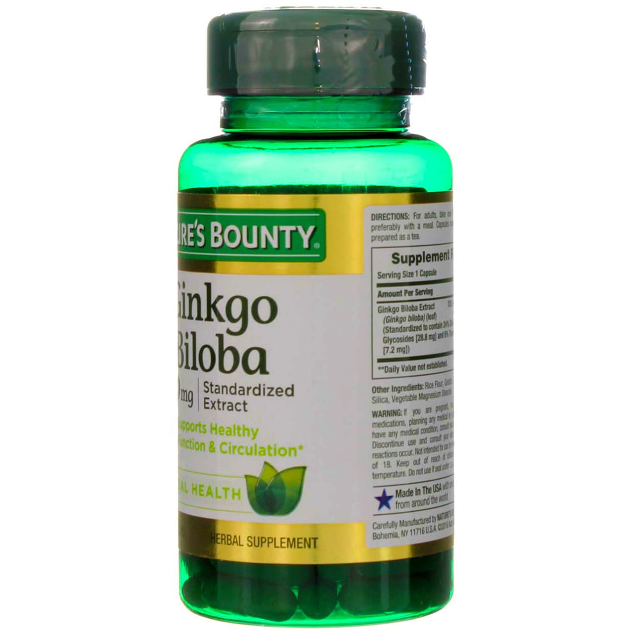 Nature's Bounty Ginkgo Biloba glass bottle highlight packaging and standards