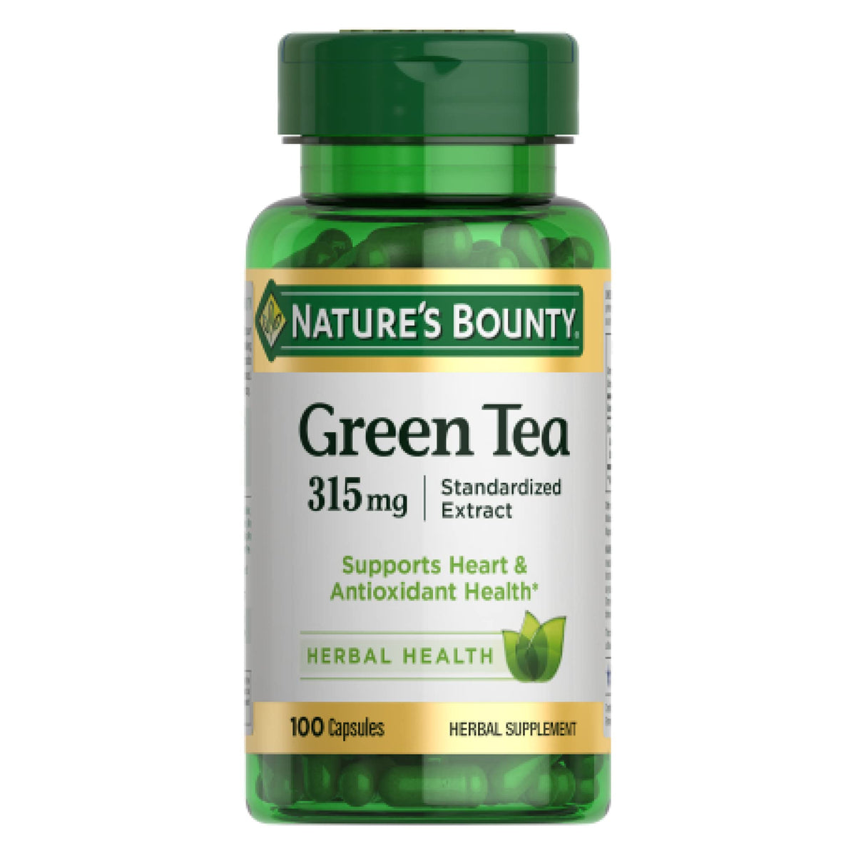 Nature's Bounty Green Tea Pills bottle close-up with EGCG and antioxidant potential.