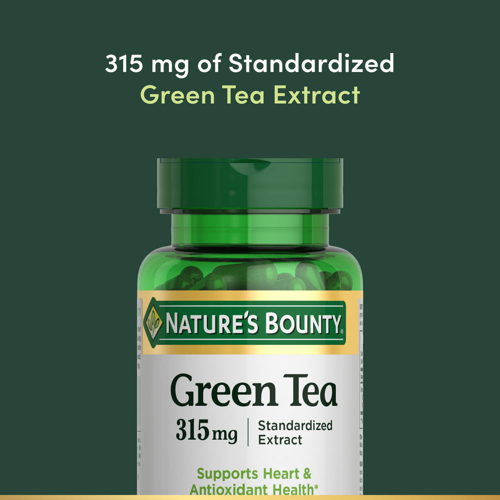 Nature's Bounty Green Tea Pills cap close-up showing capsule detail.
