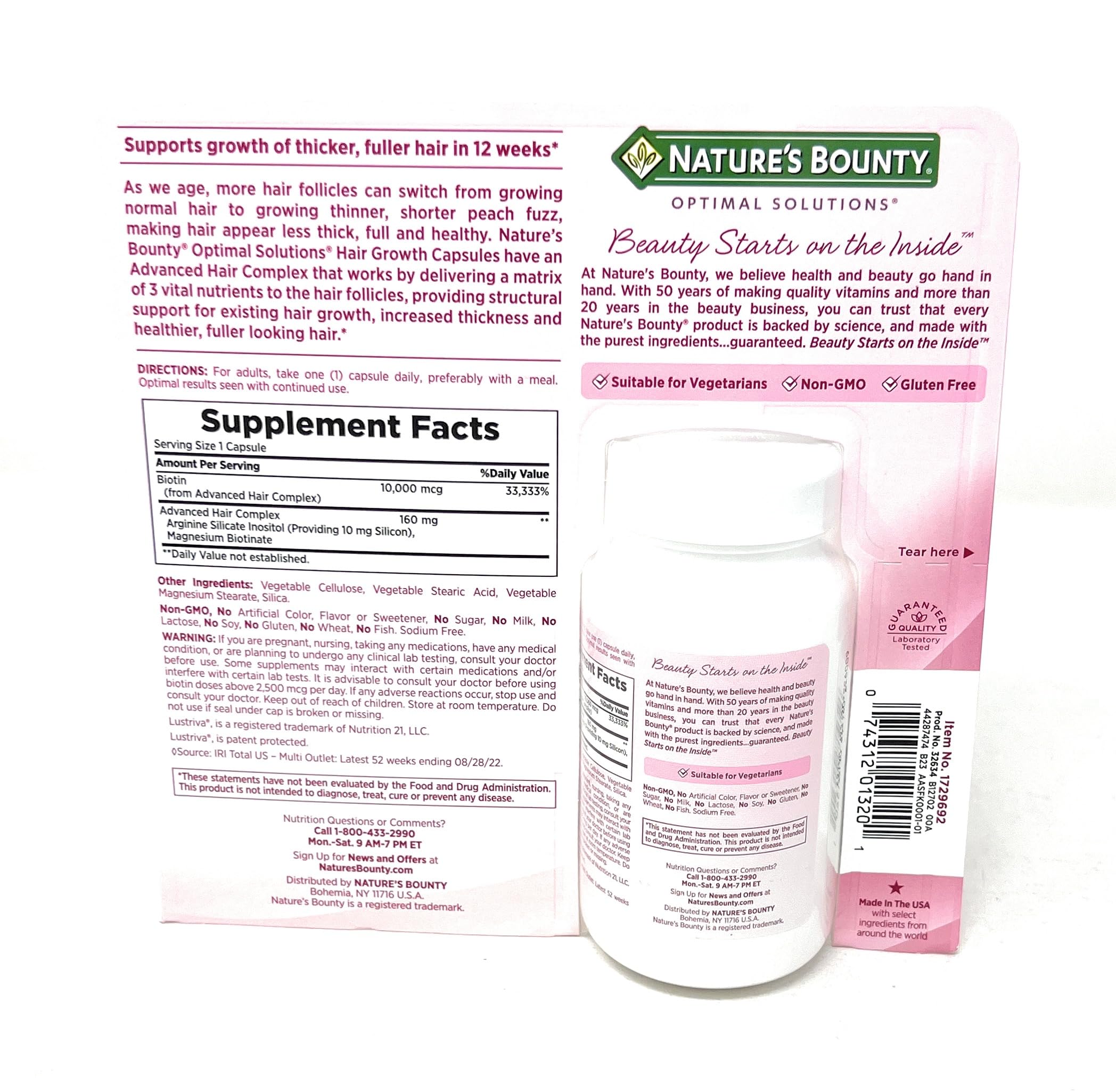 Nature's Bounty Hair Growth bottle label close-up highlights biotin and arginine for hair health.