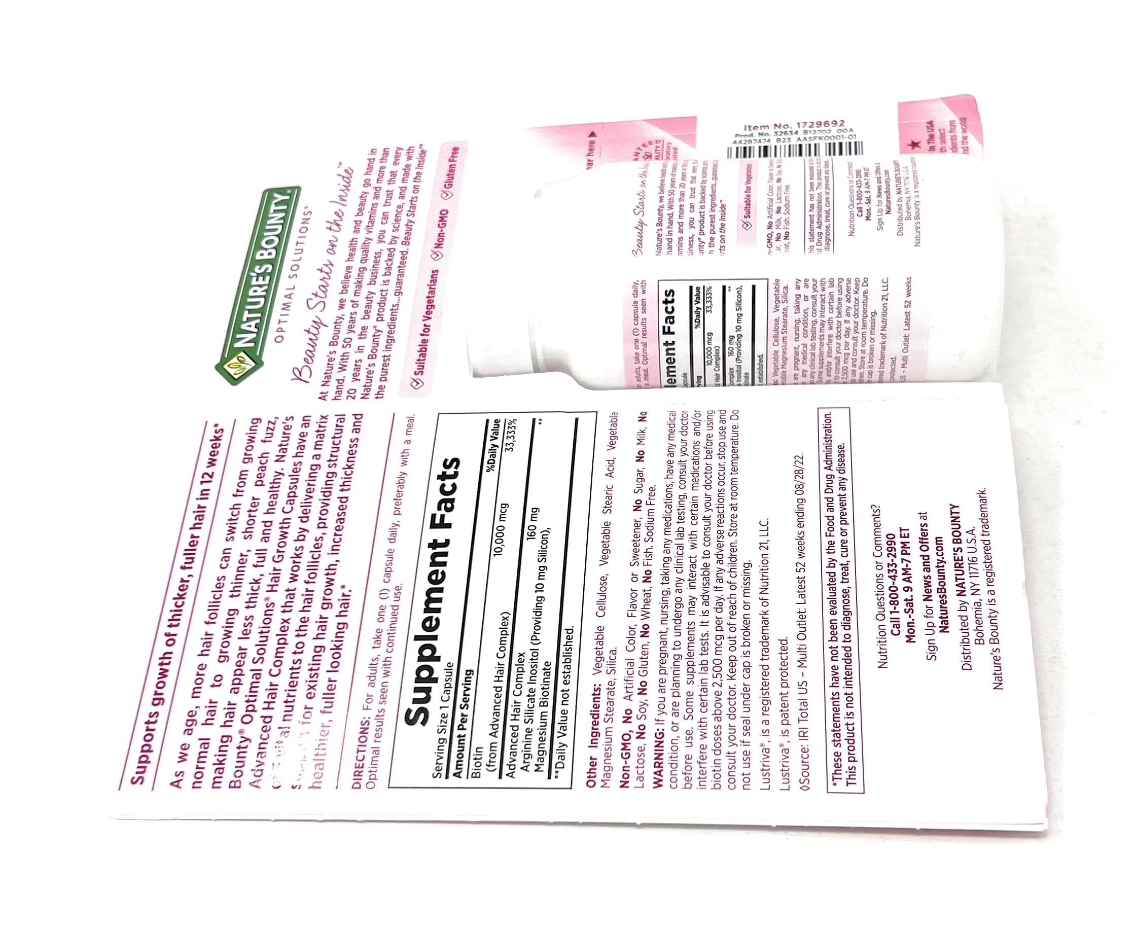 Nature's Bounty Hair Growth ingredients close-up features biotin and silicon.