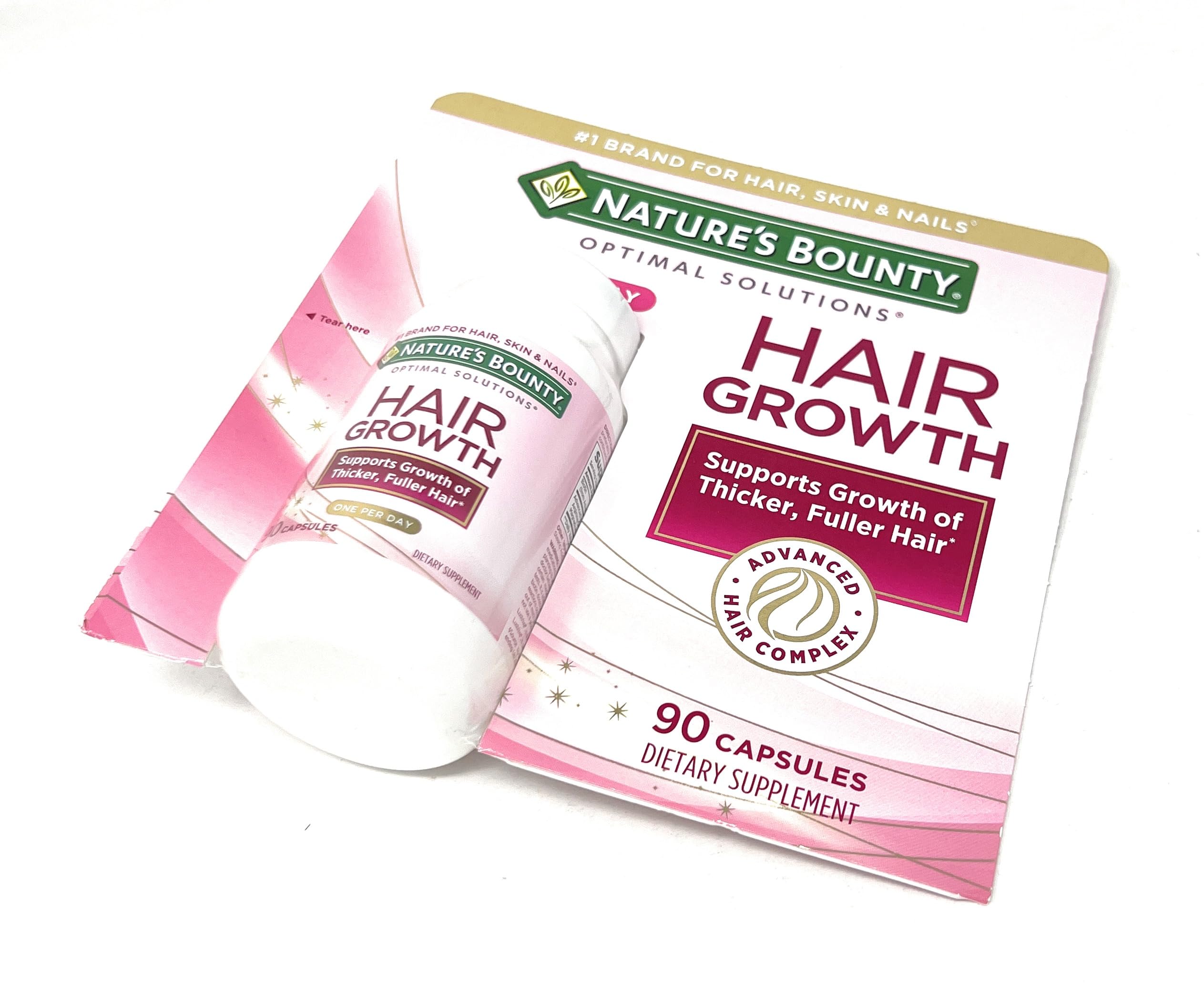 Nature's Bounty Hair Growth packaging with box emphasizes unflavored capsule format.