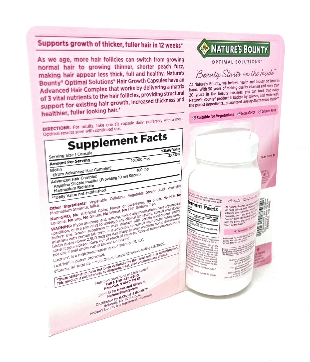 Nature's Bounty Hair Growth serving with water demonstrates easy daily intake.