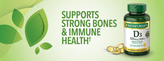Nature's Bounty Vitamin D3 softgels pack, USP Verified and gluten-free.