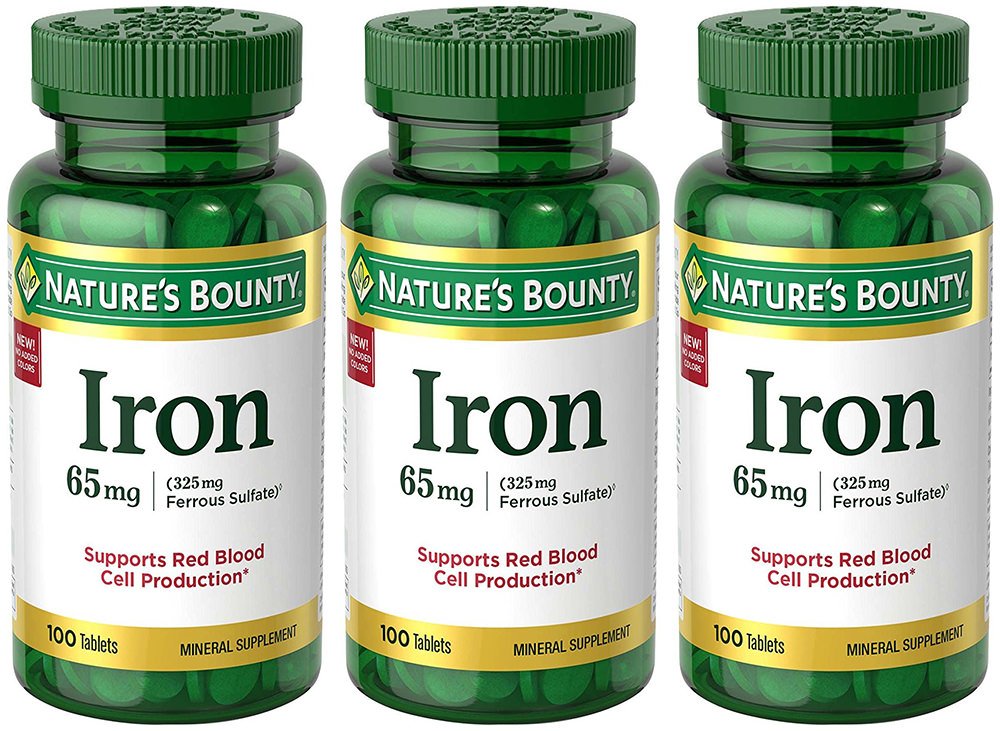 Nature's Bounty Iron 65 mg bottle; supports energy metabolism and red blood cell production.