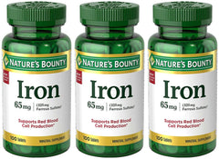 Nature's Bounty Iron 65 mg bottle; supports energy metabolism and red blood cell production.