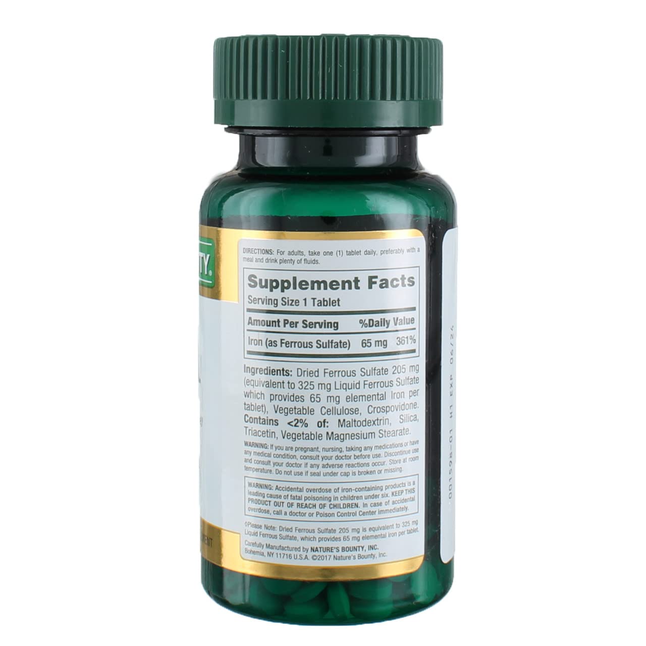 Nature's Bounty Iron 65 mg tablets pack overview, six bottles for steady supply