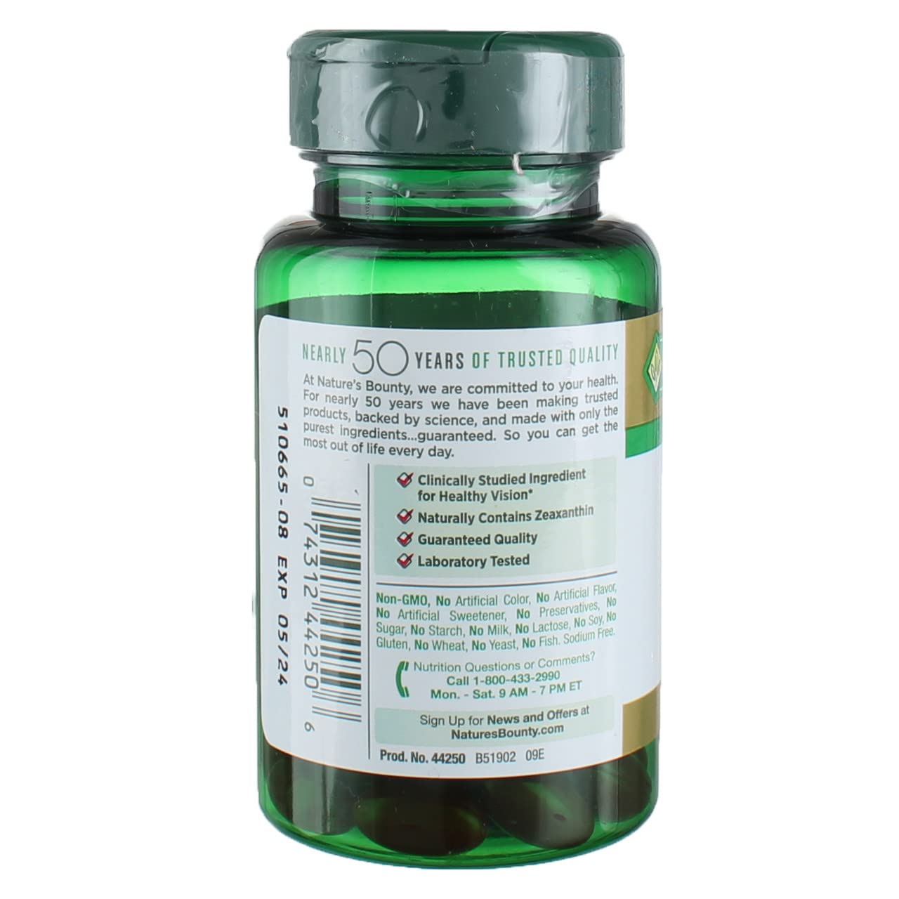 Bottle label of Nature's Bounty Lutein 40 Mg showing ingredients and usage ideas