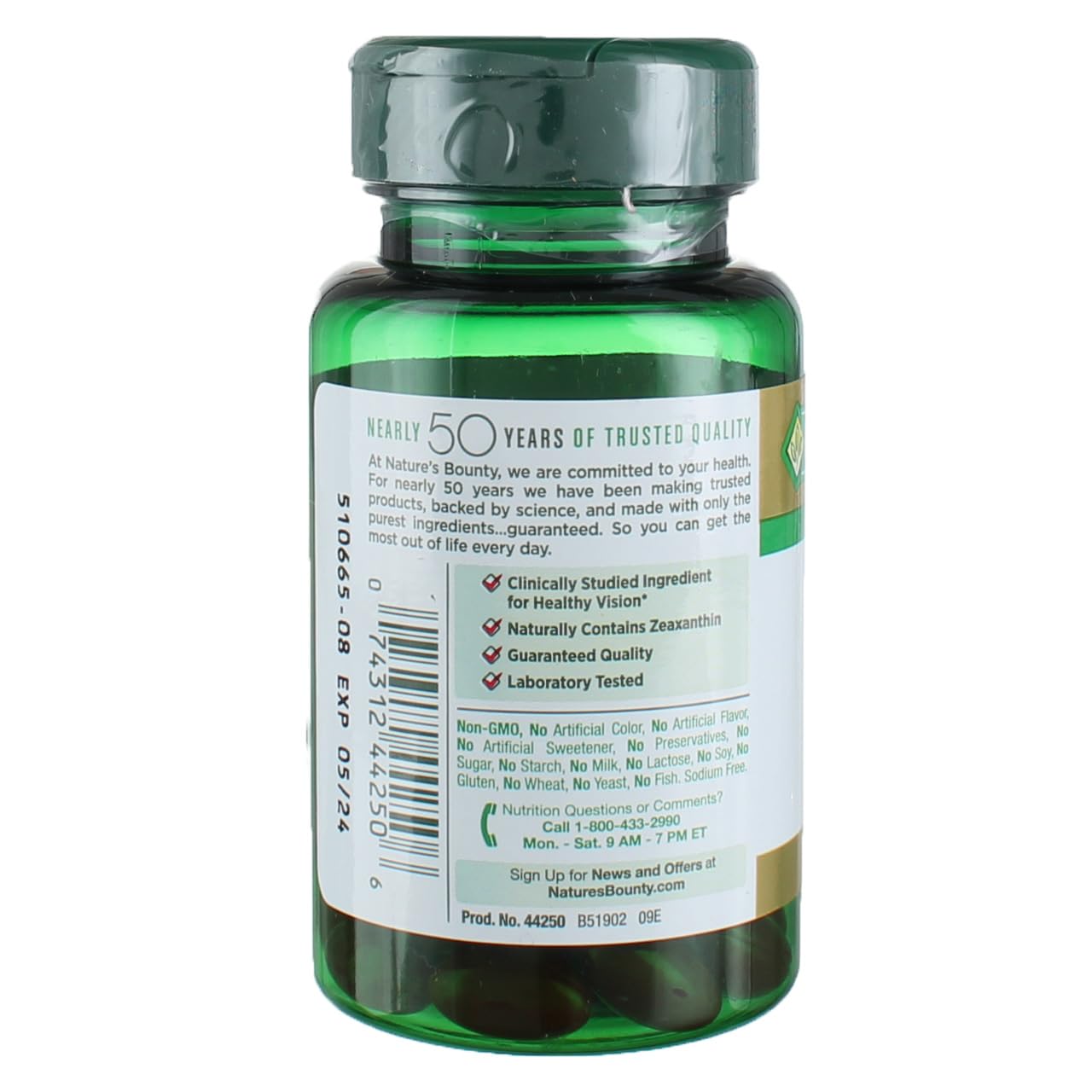 Nature's Bounty Lutein packaging box displaying lutein and zeaxanthin information