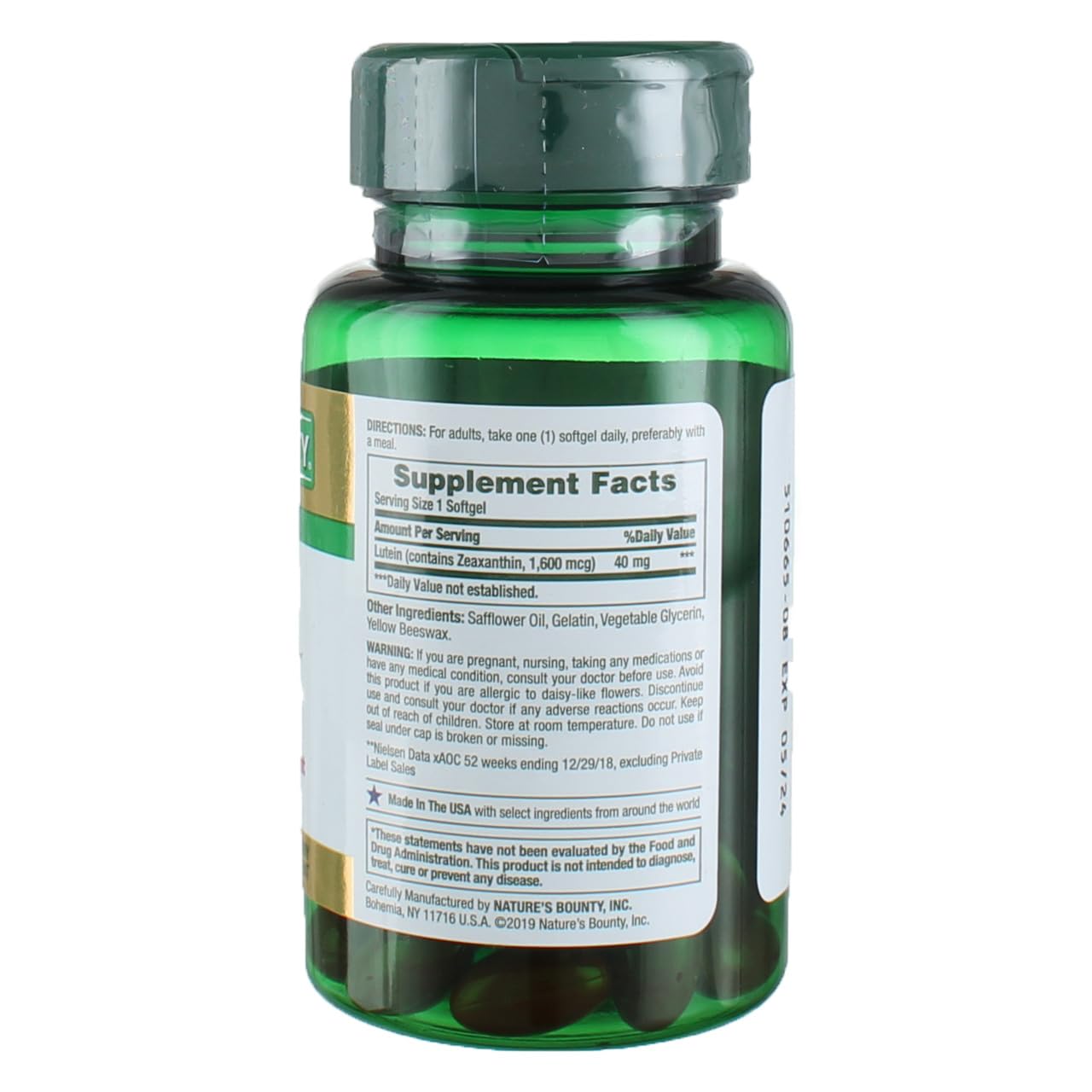 Close-up of Nature's Bounty Lutein softgels highlighting gluten-free, non-GMO formula
