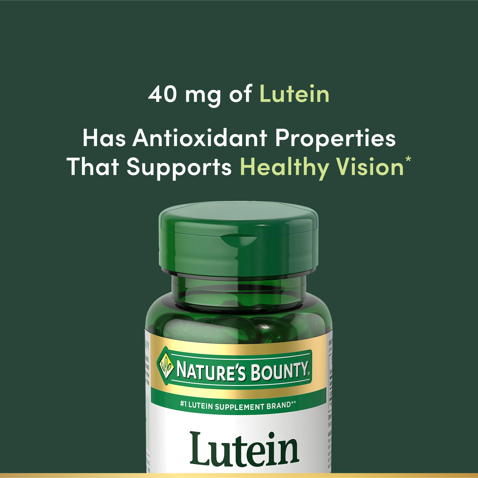 Nature's Bounty lutein 40 mg visible capsules on countertop suggest everyday eye care.