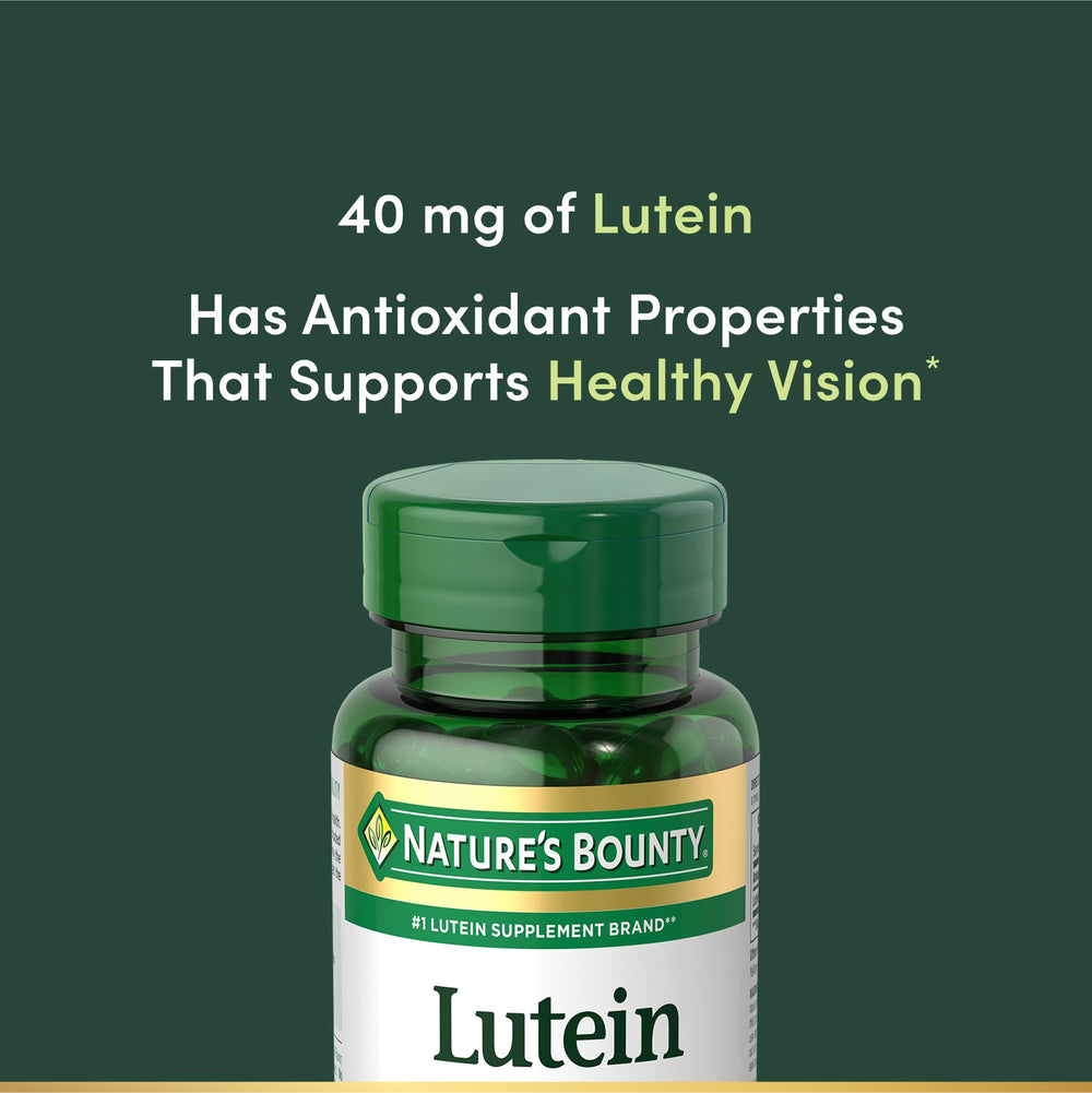 Nature's Bounty lutein 40 mg visible capsules on countertop suggest everyday eye care.