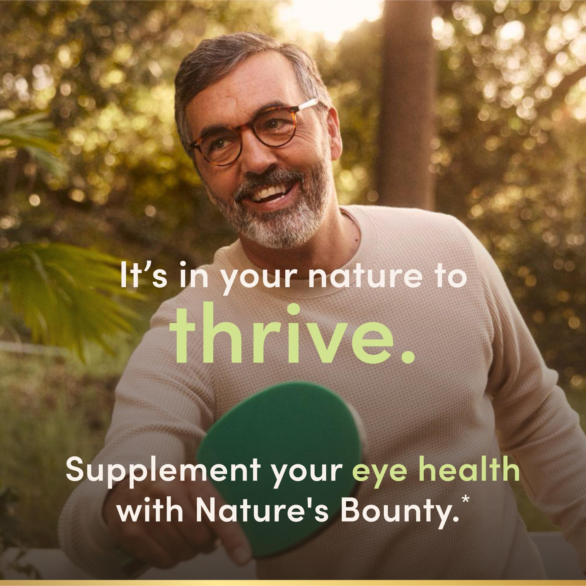Nature's Bounty softgel pack stand with sunlight illustrates routine eye nutrition.