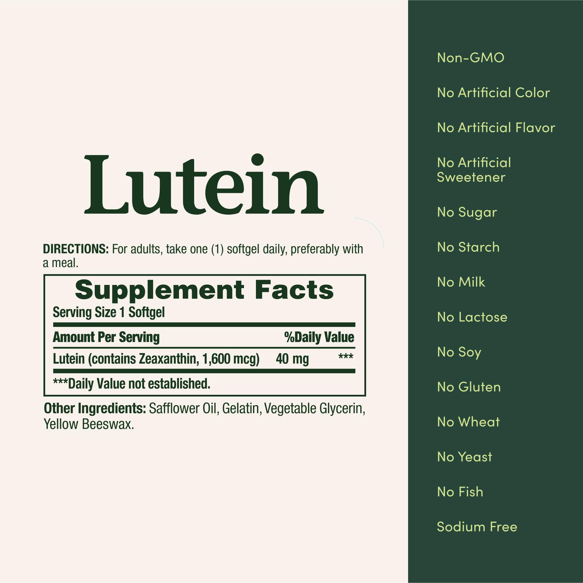 Nature's Bounty softgel cap with marigold-inspired visuals imply lutein sources for vision.