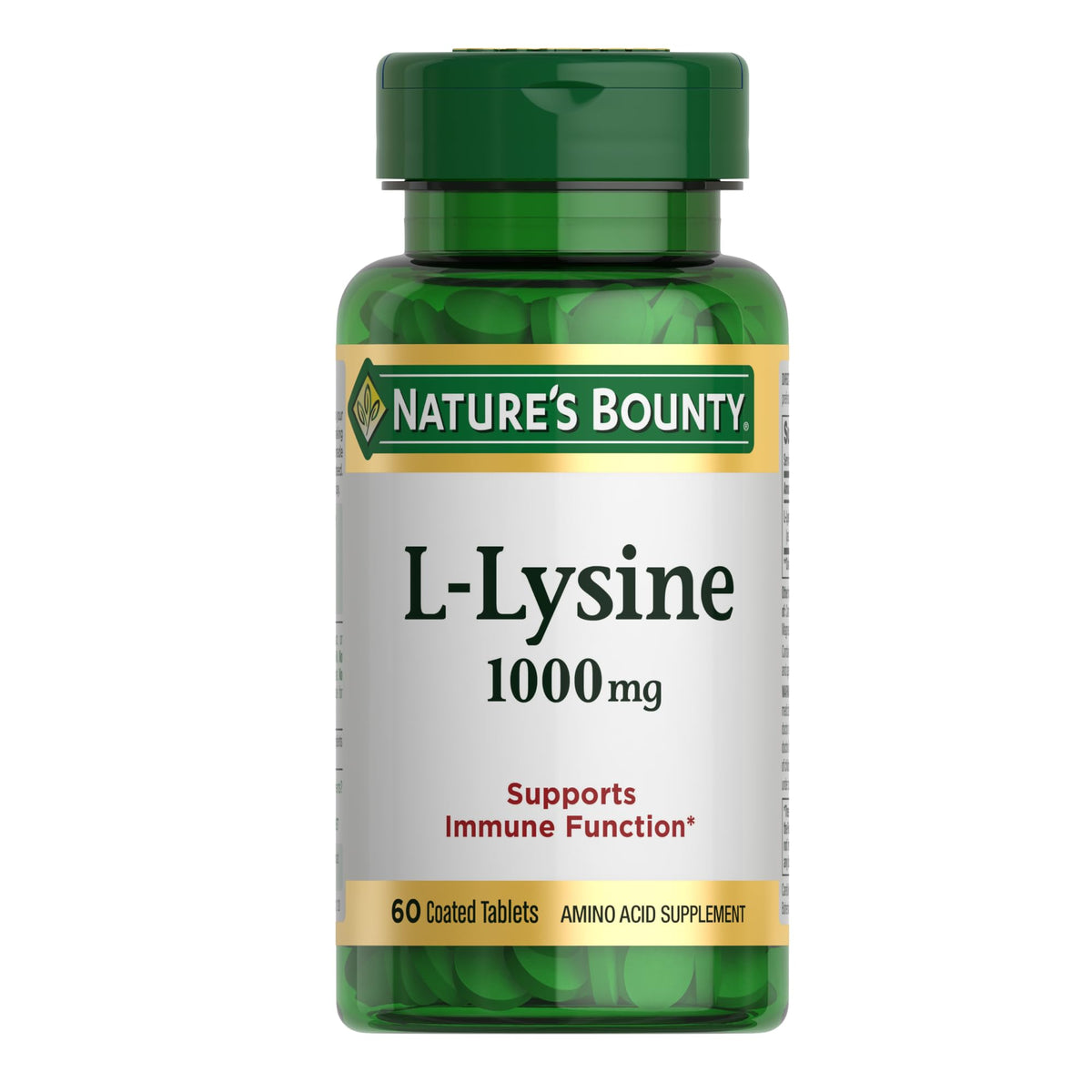 Nature's Bounty Lysine 1000 mg bottle supports skin and lip health.